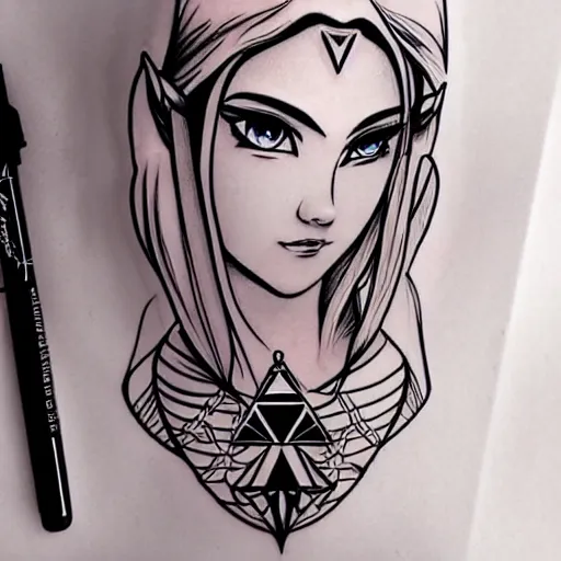 Image similar to tattoo design, stencil, clean line art, g pen, portrait of princess zelda by artgerm, symmetrical face, beautiful, triforce