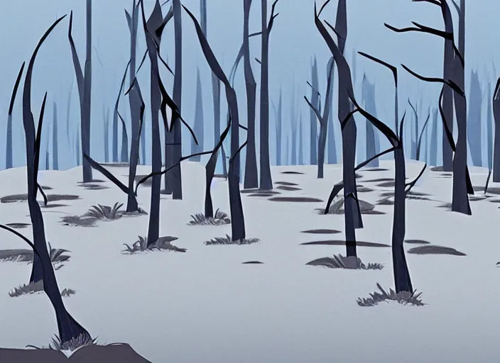 Image similar to stark minimalist charred wooded snowdrift landscape from mulan ( 1 9 9 8 )