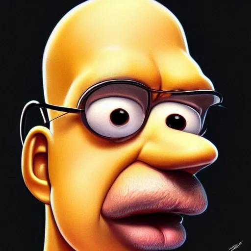 Image similar to beautiful realistic portrait of homer simpson, yellow skin by artgerm