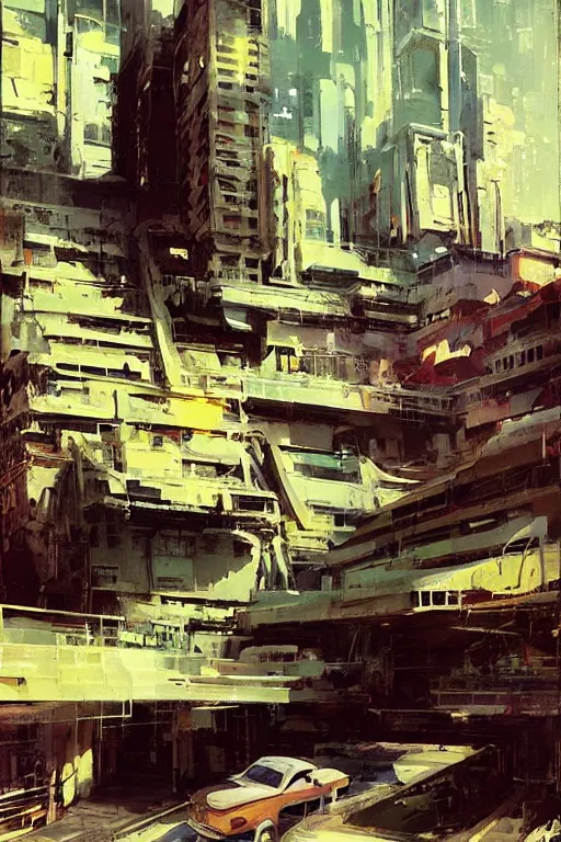 Prompt: very steep hill, retro future city, shops, futuristic vehicle, syd mead, john berkey, jeremy mann, 5 0 s pulp