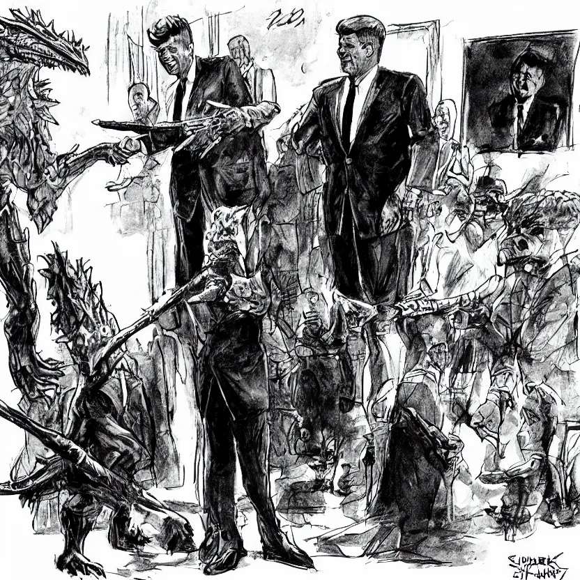 Image similar to president kennedy meeting with an argonian lizard warrior in skryim