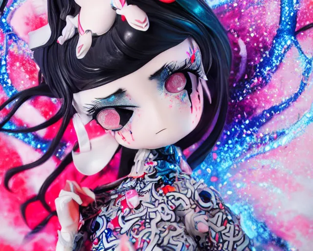 Image similar to james jean and isolated magical girl vinyl figure, figure photography, dynamic pose, harajuku style undertones, glitter accents on figure, anime stylized, accurate fictional proportions, high detail, ethereal lighting - h 6 4 0