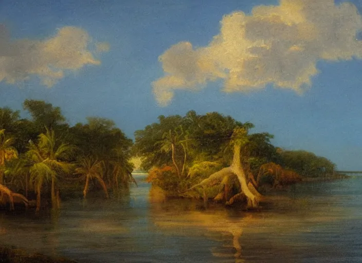 Image similar to florida keys in the style of hudson river school of art, oil on canvas