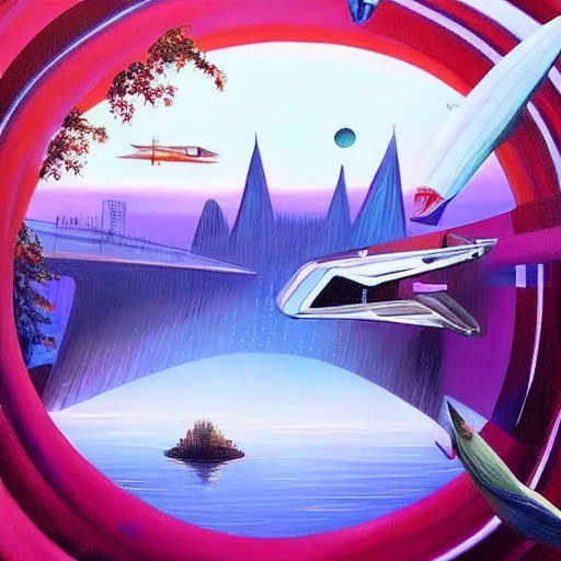 Image similar to Beautiful city of the future in harmony with nature, spaceship in the background. Nice colour scheme, soft warm colour. Beautiful painting by Lurid. (2022)