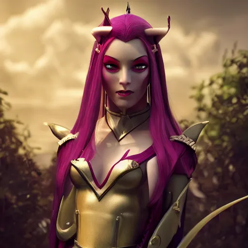 Image similar to portrait of a female high elf with magenta eyes and dark hair, 3 d octane render trending on art station 8 k