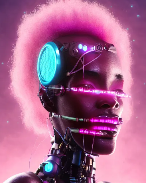 Image similar to portrait of a beautiful black woman with pink hair as a cyberpunk cyborg half robot, revealing wires and electronics, sci - fi, missing panels, intricate abstract upper body intricate artwork, concept art, octane render, deviantart, cinematic, key art, hyperrealism, iridescent accents, portrait photograph, nikon 3 5 mm, photograph by greg rutkowski