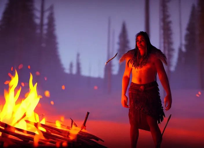 Image similar to shaman behind bonfire twilight hyper realistic cinematic art 4 k great view high quality