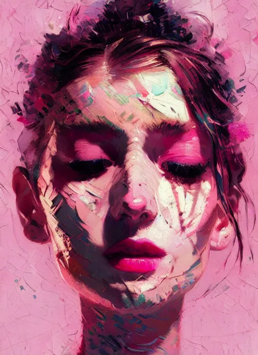 Image similar to portrait of a beautiful girl, necklace, eyes closed, open mouth, shades of pink, beautiful face, rule of thirds, intricate outfit, spotlight, by greg rutkowski, by jeremy mann, by francoise nielly, by van gogh, digital painting