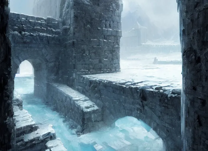 Prompt: painting of the Ice Barrier from Game of Thrones (1998), imposing, calm, air shot, interesting perspective, painted by Marc Simonetti