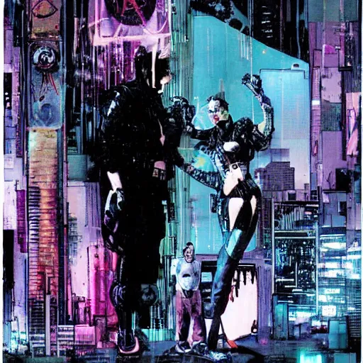 Image similar to cyberpunk dreaming by bobby zeik and bill sienkiewicz and david mack