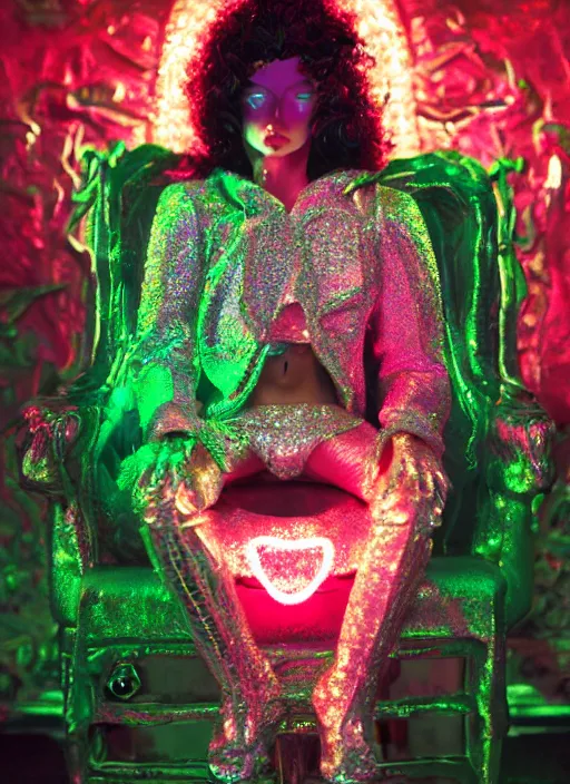 Image similar to photo of baroque and bladerunner delicate neon diamond sculpture of ceramic albino king santiago cabrera seductive delicious tongue sticking out, creamy pink iridescent humanoid deity wearing red furry hoody holding diamond skull in a green metallic dungeon, reclining, glowing rainbow face, crown of white diamonds, cinematic lighting, photorealistic, octane render 8 k depth of field 3 d