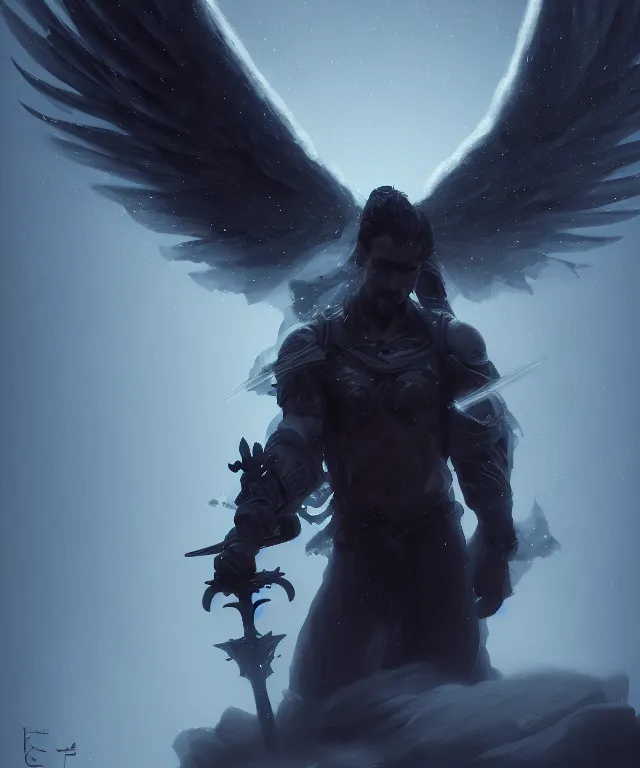 Image similar to dark blizzard art, portrait of fallen man angel kneeling with a sword and wings, bokeh. dark art masterpiece artstation. 8k, sharp high quality illustration in style of Jose Daniel Cabrera Pena and Leonid Kozienko, concept art by Tooth Wu