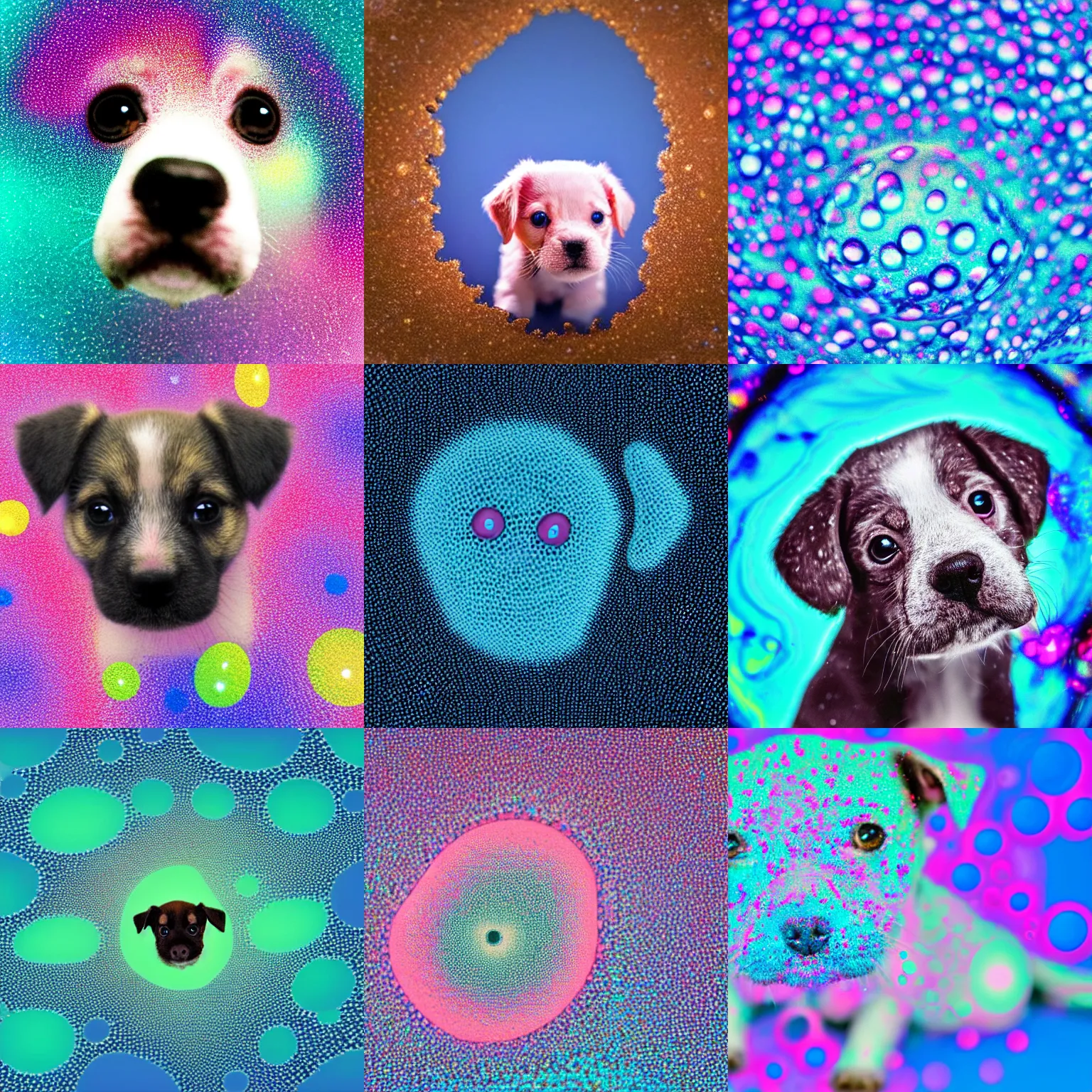 Prompt: a small cute puppy in the style of a computer generated image of water bubbles in blue and pink, a microscopic photo by adam szentpetery, shutterstock contest winner, kinetic pointillism, macro lens, macro photography, creative commons attribution