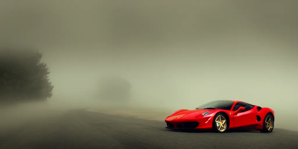 Image similar to parked red Ferrari sports car, fog, rain, volumetric lighting, beautiful, golden hour, sharp focus, highly detailed, cgsociety