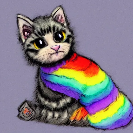 Image similar to wide angle full body, of a fluffy cute rainbow kitten wearing a black motorcycle jacket, concept art