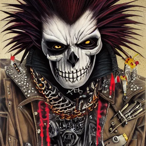 Image similar to a portrait of the grim reaper as a punk rocker, punk, skeleton face, mohawk, dark, fantasy, leather jackets, spiked collars, spiked wristbands, piercings, boots, electric guitars, motorcycles, ultrafine detailed painting by frank frazetta and vito acconci and takeshi obata, death note style, detailed painting