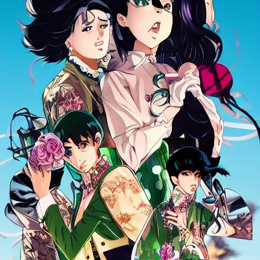 Image similar to Magazine Cover Anime key visual of a Gucci girl; official media; typography; drawn by Hirohiko Araki; Jojo's Bizarre Adventure; Jojolion, portrait, made by Stanley Artgerm Lau, WLOP, Rossdraws, James Jean, Andrei Riabovitchev, Marc Simonetti, Yoshitaka Amano, ArtStation