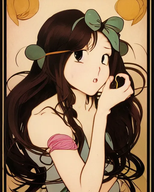 Image similar to A cute painting of a very very beautiful anime skinny mousegirl with long wavy brown colored hair and small mouse ears on top of her head wearing a cute black dress and black shoes looking at the viewer, elegant, delicate, feminine, soft lines, higly detailed, smooth , pixiv art, ArtStation, artgem, art by Gil Elvgren alphonse mucha and Greg rutkowski, high quality, digital illustration, concept art, very long shot