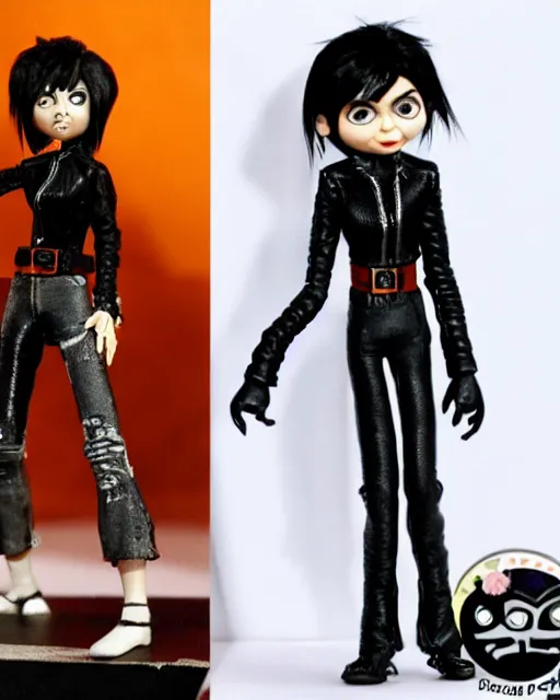 Image similar to singer joan jett wearing form fitting leather pants as a highly detailed stop motion puppet, in the style of laika studios ’ s paranorman, coraline, kubo and the two strings shot in the style