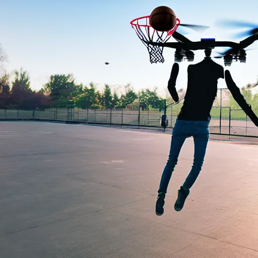 Image similar to flying drone robot with basketball hoop on drone robot body