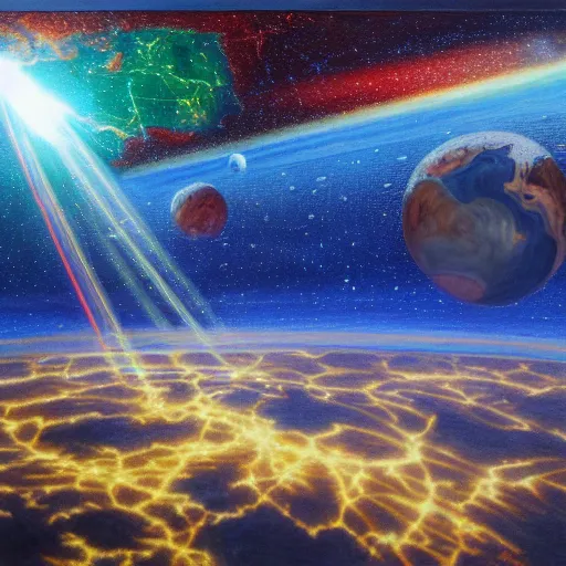 Image similar to view from space, laser beam strikes through earth, extremely detailed oil painting, 1 9 2 0's colored pencil, high clarity, highly detailed, abstract, deep aesthetic, 8 k, highly ornate intricate details, cinematic lighting, rich colors, digital artwork, beautiful scenic view, ray tracing, hyperrealistic, photorealistic, cinematic landscape, trending on artstation, concept art,