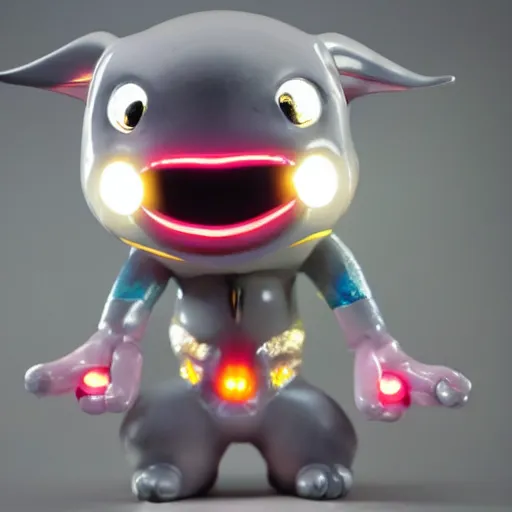 Image similar to a highly detailed vinyl figure with lighting bolts coming out of its eyes it is pointing to the right, RGB smile, square nose, electric eyes, sparking eyes, realistic lighting, realistic reflections