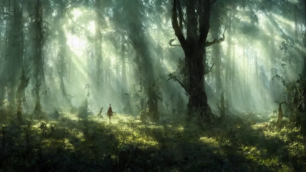 Image similar to A Craig Mullins oil painting of a hauntingly beautiful elven forest in the morning; rays of light coming through the canopy; trending on artstation; extraordinary masterpiece!!!!!!; 8k