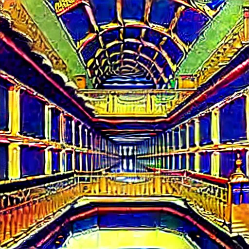 Prompt: inside a very large room with many staircases, glass spheres, deep vibrant colors, insanely Intricate, exquisitely ornate, art by Maurits Cornelis Escher