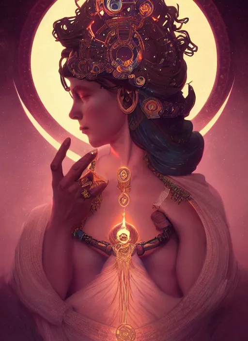 Image similar to Divine cosmic female power, glyphs, magic, artstation, high contrast, dramatic lighting, cgsociety, very detailed, intricate, detailed illustration, by artgerm and greg rutkowski and alphonse mucha, octane render, unreal engine, hyperrealism