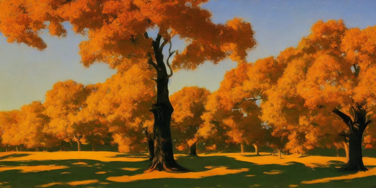 Prompt: a beautiful, stunning landscape with giant oak trees in the fall during sunset by edward hopper, by craig mullins