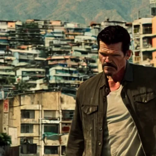 Prompt: blurry film still of a max payne movie starring josh brolin, set in a favela, zoomed out