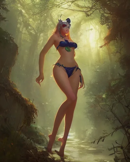 Image similar to A beautiful maid wearing a magical bikini posing in a magical forest, beautiful face, fantasy art, in the style of greg rutkowski, illustration, epic, fantasy, intricate, hyper detailed, artstation, concept art, smooth, sharp focus