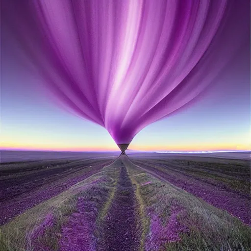 Image similar to amazing landscape photo of a purple tornado in the shape of a cone by marc adamus, digital art, beautiful dramatic lighting