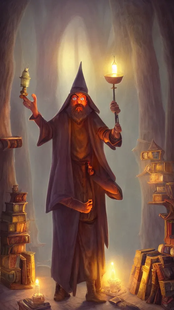 Image similar to character design full body shot of a moose wizard with a long white beard in a magic cloak and magic hat, in the background an old attic full of magic scrolls and old books, matte painting, fantasy illustration, warm lantern light, dusty atmosphere