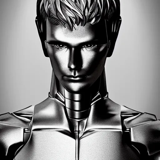 Image similar to “a realistic detailed photo of a guy who is an attractive humanoid who is half robot and half humanoid, who is a male android, twitch streamer Ludwig, shiny skin, posing like a statue, blank stare”