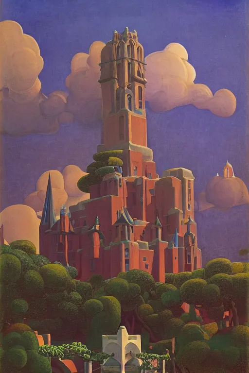 Image similar to view of the mysterious blue tower in its gardens after a storm, tall windows lit up, beautiful ornamental architecture, dramatic cinematic lighting, rich colors, by Nicholas Roerich and William Dyce and Ludwig Deutsch and April Gornik and Sylvain Sarrailh