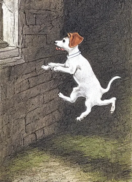 Image similar to jack russel terrier jumping from the ground over a short wall, illustrated by peggy fortnum and beatrix potter and sir john tenniel