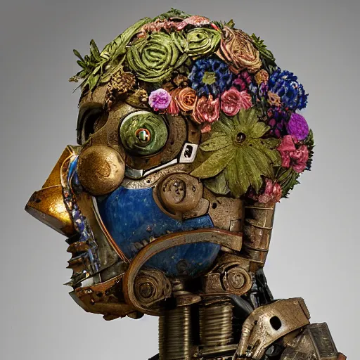 Image similar to a sculpture of a robot wearing a mask made of flowers, by annie swynnerton and diego rivera, symbolist, dramatic lighting, elaborate geometric ornament, art brut, soft cool colors, smooth, sharp focus, extremely detailed, adolf wolfli and dan munford