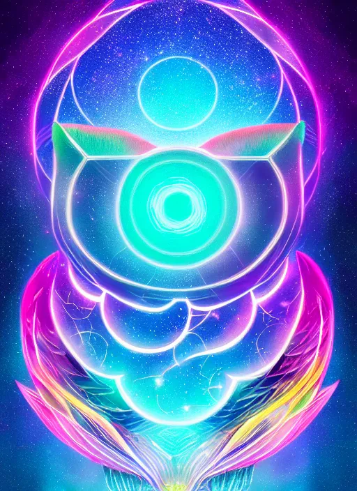 Image similar to symmetry!! product render poster vivid colors divine proportion owl, starry sky, glowing fog intricate, elegant, highly detailed, digital painting, artstation, concept art, smooth, sharp focus, illustration,