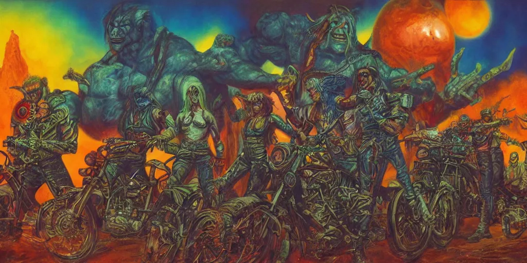 Prompt: psychedelic post apocalyptic orcish biker gang, sharp focus, psychedelic colors, boris vallejo, michael whelan, 8 k, elegant, intricate