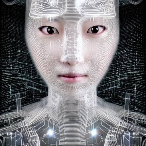 Image similar to beautiful centered fine art photo portrait of hoyeon jung as a solarpunk robotic humanoid withwhite mechanical parts with led lights, rising from water, ultra - detailed and intricate, white background, sun lighting, soft focus, slow exposure hdr 8 k