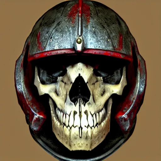 Image similar to space marine skull helmet, terrifying, grimdark, photorealistic, front view, symmetrical, artstation, art by brom