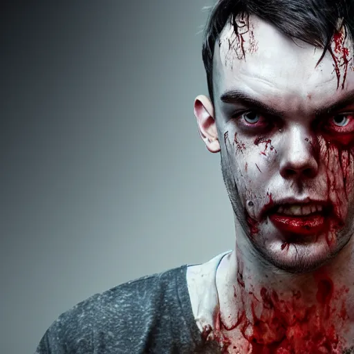 Image similar to angry urban zombie portrait of nicholas hoult, grimdark horror, stylized digital illustration, radiating a glowing aura, global illumination, ray tracing, hdr, fanart arstation by ian pesty and katarzyna bek - chmiel