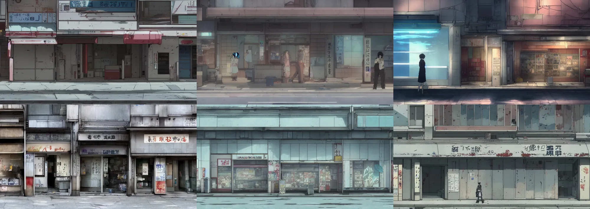 Prompt: front view of a closed japanese storefront in the atmospheric cyberpunk anime film by makoto shinkai and studio ghibli, from the anime series Ergo proxy