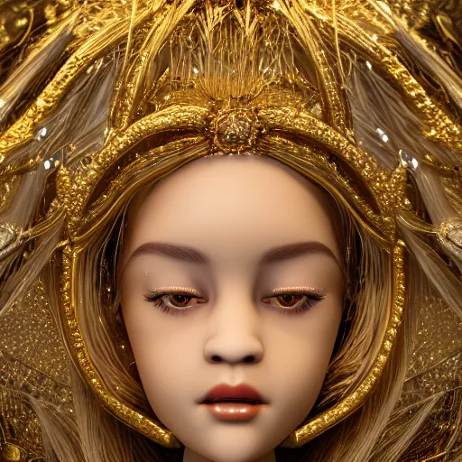 Image similar to Ultra realistic beautiful ball jointed doll head, long shiny hair, intricate detailed, gilded gold and diamonds, sharp focus, octane render, high quality, 8k, volumetric lighting, on black background