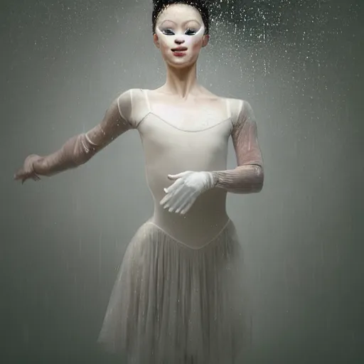 Image similar to portrait of a ballerina with a beautiful porcelain face dressed in a venecian mask, rain, cinematic light and reflections, beautiful dreamy lighting, photographed by annie leibovitz, zbrush,