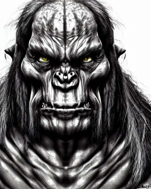 Image similar to orc, hyper realism, fine details, deviantart artstation, extremely detailed, black and white, very sharp, in the style of albrecht durer