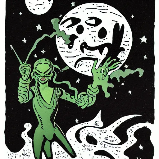 Prompt: ghosts in the bayou, heavy ink, moon in sky, green, mike mignola