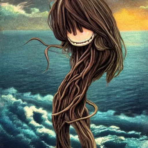 Image similar to A beautiful collage of a human-like creature with long, stringy hair. The figure has no eyes, only a mouth with long, sharp teeth. The creature is standing on a cliff overlooking a dark, foreboding sea. anime, formicapunk by John Anster Fitzgerald, by Storm Thorgerson lavish