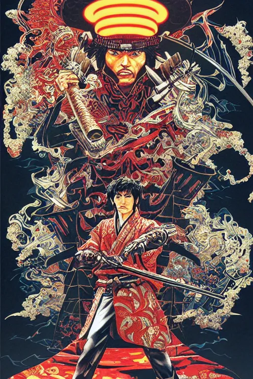 Image similar to poster of tony montana as a samurai, by yoichi hatakenaka, masamune shirow, josan gonzales and dan mumford, ayami kojima, takato yamamoto, barclay shaw, karol bak, yukito kishiro